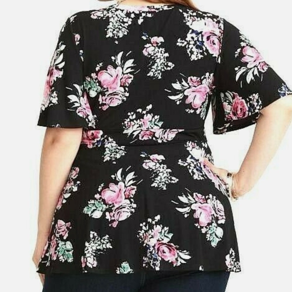 Torrid Black Floral Babydoll V-Neck Short Sleeve Peplum Blouse 4X - Picture 7 of 10